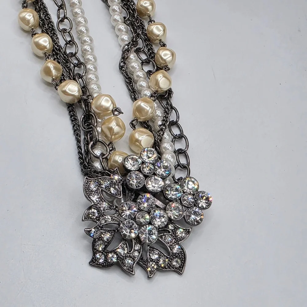 Express Gunmetal Faux Pearl Rhinestone Floral Multi Strand Statement Necklace‎